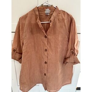 FOCUS Casual Lifestyle Collection‎ Women's Orange Linen Button Down Shirt Size M
